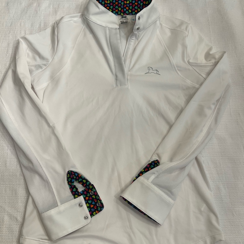 RJ Classic Equestrian White Polo 1/4 Zip with Multicolor Heart Collar M